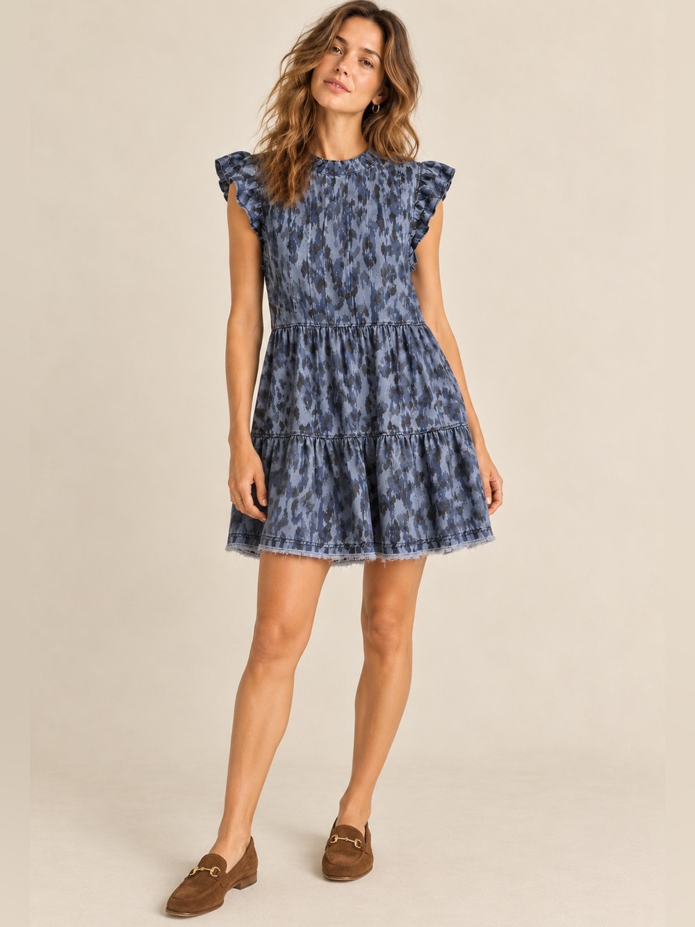 Anthropologie Jenee Blue Animal Cheetah Print Tiered Tunic Dress S